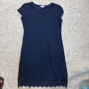 DownEast Navy Blue Crochet Lace Shift Dress XL Short‎ Sleeve Embroidered Hem